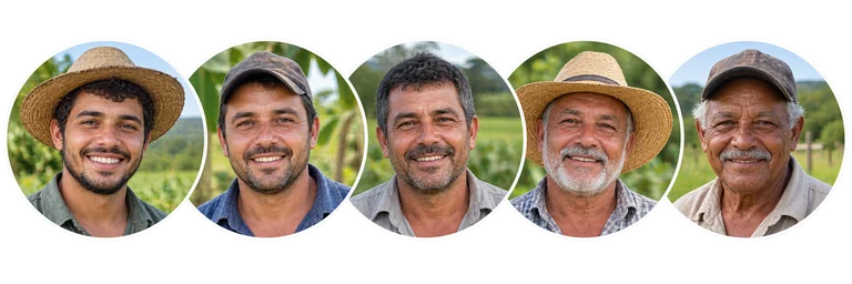 Retratos ilustrativos de cinco homens do campo