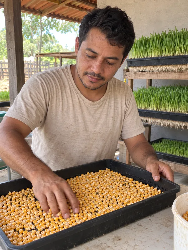 Cena ilustrativa de produtor rural preparando sementes de milho