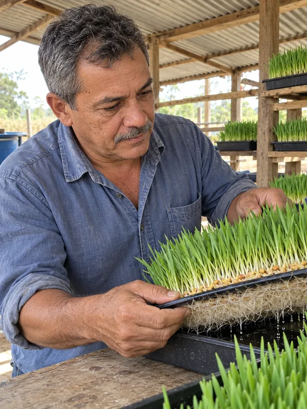 Cena ilustrativa de produtor rural inspecionando raízes da forragem