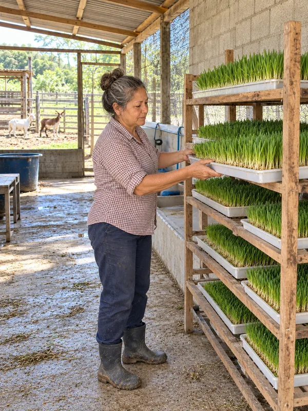 Cena ilustrativa de produtor rural organizando bandejas na estrutura