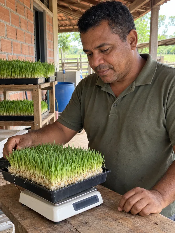 Cena ilustrativa de produtor rural pesando a forragem produzida