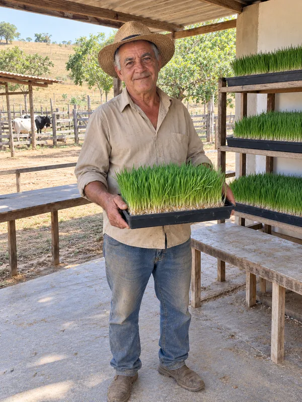 Cena ilustrativa de produtor rural mostrando uma bandeja de forragem verde